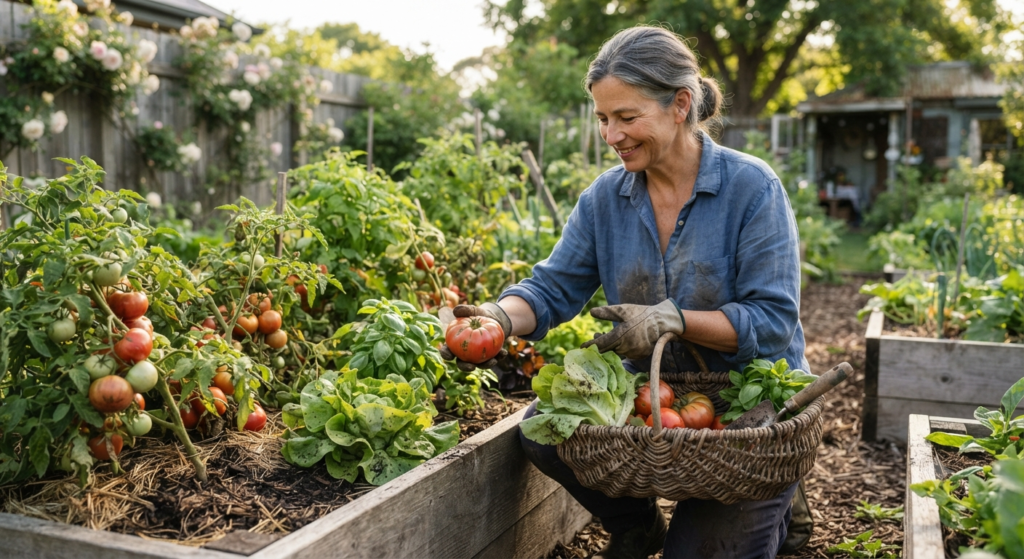 Harvesting fresh vegetables from a home garden