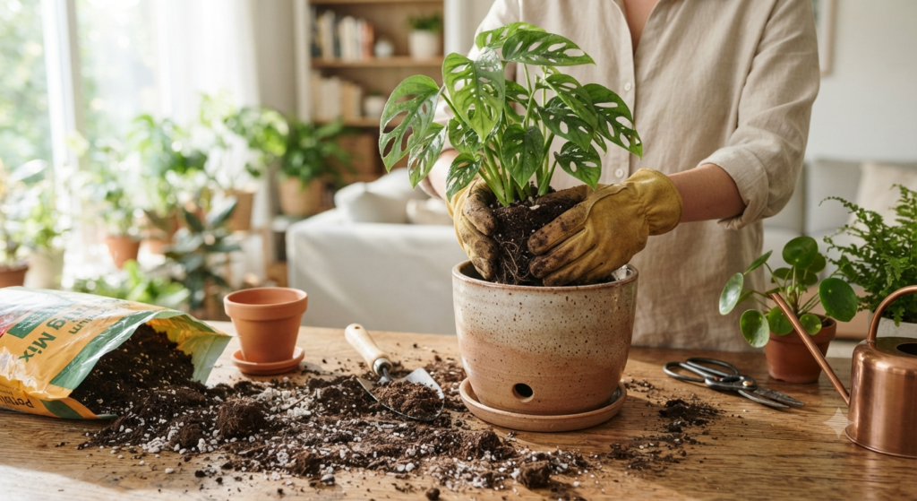 Repotting a healthy indoor plant using fresh potting soil