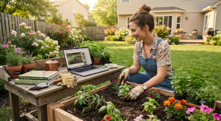 Woman learning gardening online while planting flowers in a backyard garden