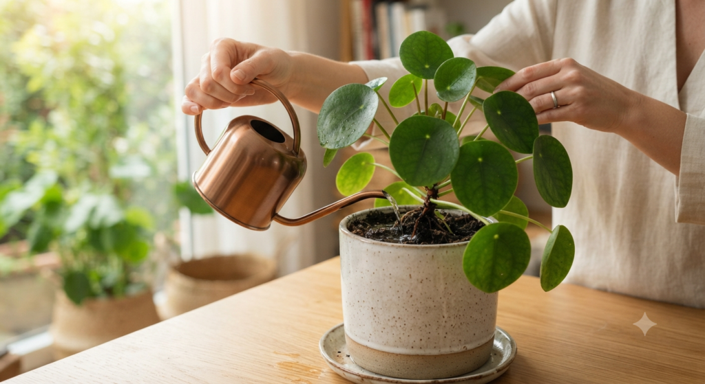 Watering a healthy indoor houseplant with proper care