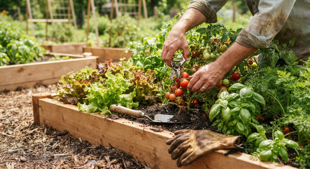 Essential gardening tools used in a healthy vegetable garden