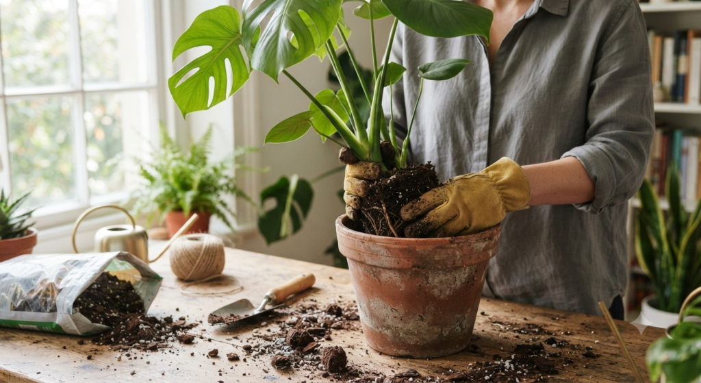 Repotting an indoor plant with fresh potting soil