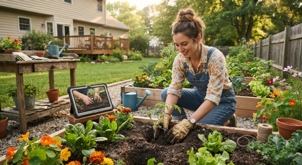 Beginner practicing gardening skills learned from online gardening lessons