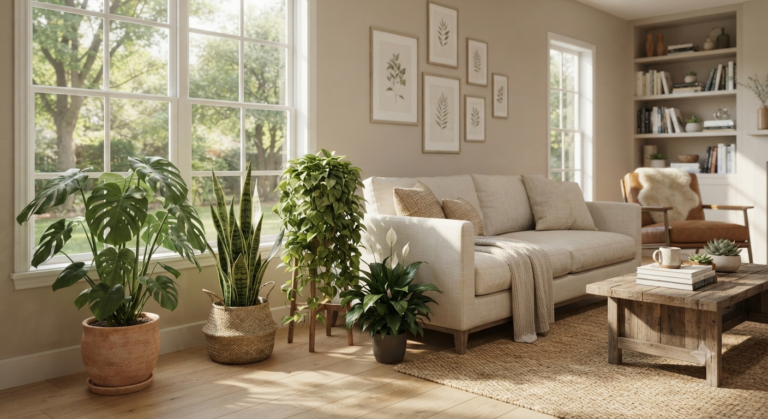Indoor plant care tips with healthy houseplants in a modern living room