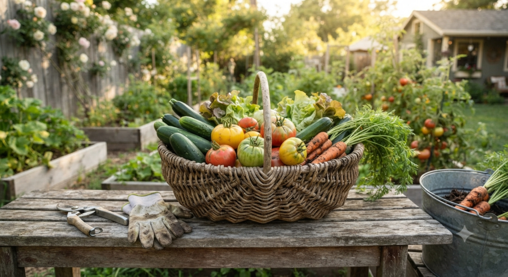 Harvesting tools and vegetable gardening supplies