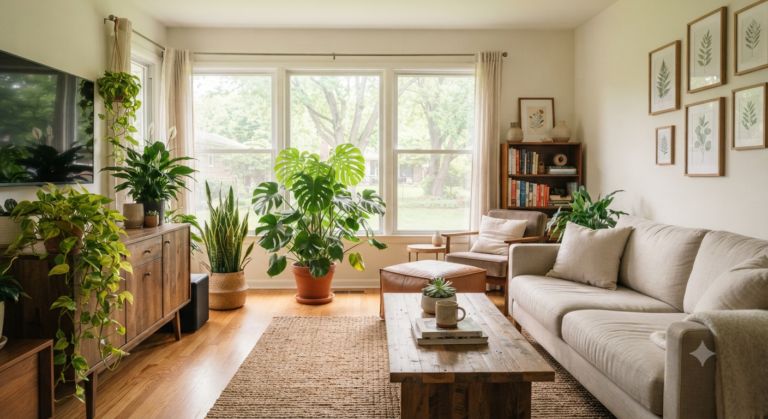 Healthy indoor plants in a bright modern living room