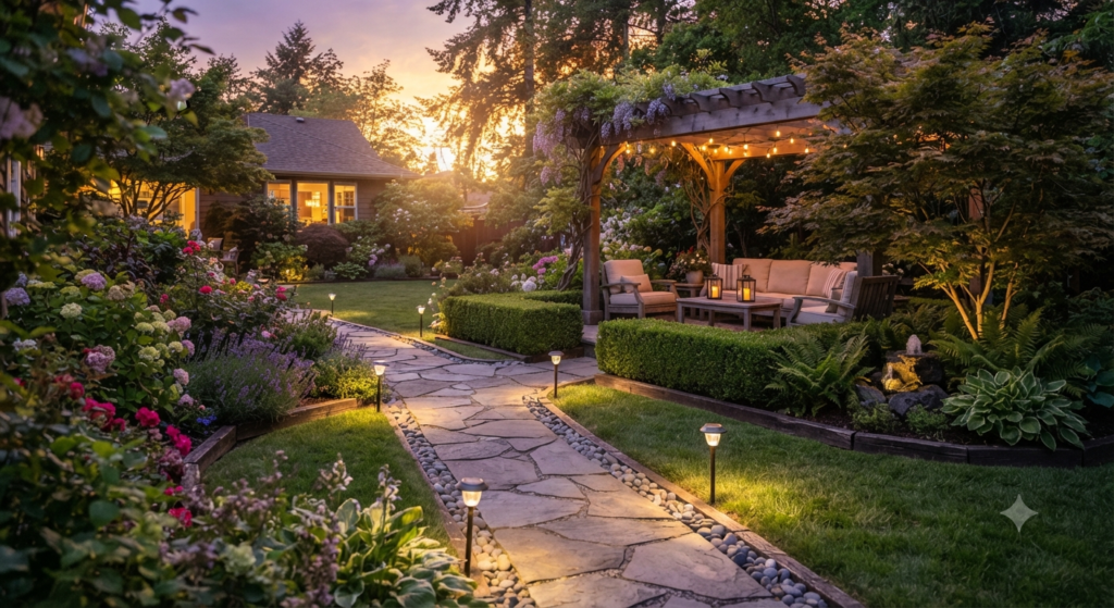 Beautiful garden landscaping with outdoor lighting